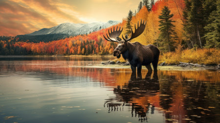 Moose on a lake in the autumn forest. 3d renderの素材