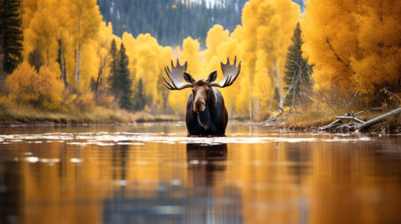 Bull Moose in Fall Colors Reflected in the Water of a Pondの素材