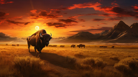 Bison in the prairie at sunset. 3D illustration.の素材