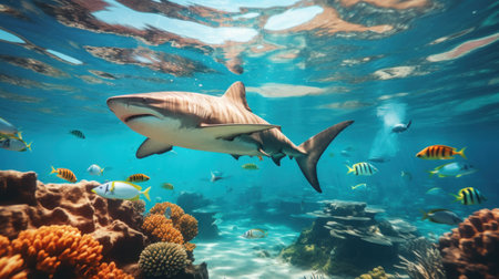 Coral reef with tropical fish and shark. Underwater world.の素材