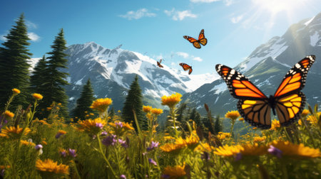 Butterflies flying over meadow with flowers and mountains in backgroundの素材
