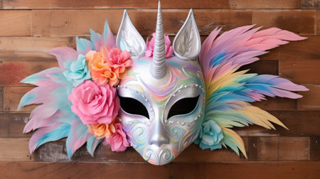 Carnival mask with colorful flowers on wooden background, Thailand.の素材