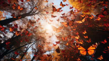 Butterflies fly over the autumn forest. Beautiful natural background.の素材