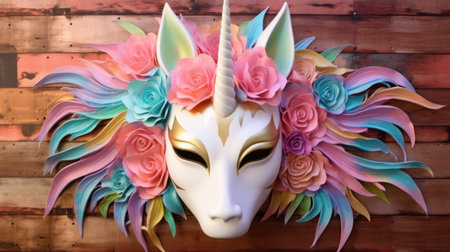 Carnival mask with colorful flowers on a wooden background, close upの素材