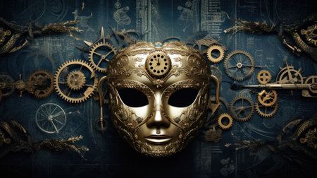 Gold mask and gears on grunge background. 3D illustration.の素材