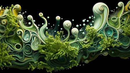 abstract background with green and blue waves and bubbles. 3d renderingの素材