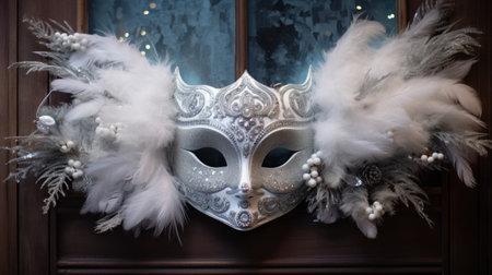 White Venetian mask with feathers on a wooden shelf in the room.の素材