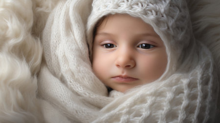 Portrait of a cute little girl wrapped in a white knitted scarfの素材