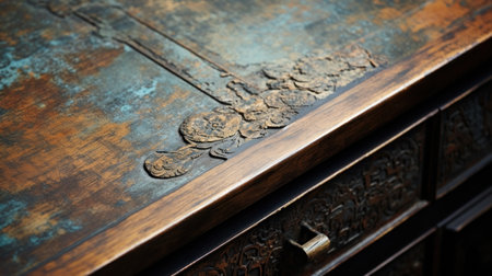 Old wooden chest of drawers, close-up. Selective focusの素材