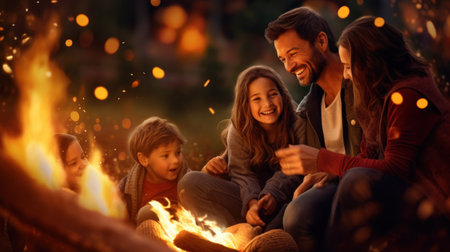 Happy family sitting around bonfire in autumn park at night. They are looking at camera and smilingの素材