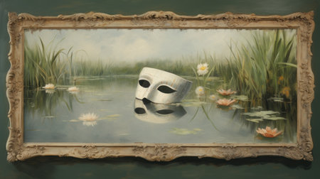 Carnival mask in the pond with water lilies and grassの素材