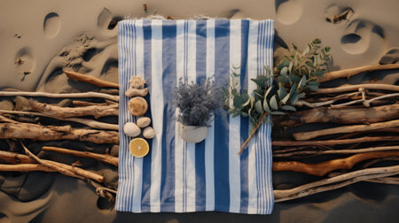 Top view of the table with a blue striped tablecloth, an eucalyptus branch, lemon and sea stones.の素材