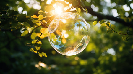 Transparent glass ball on a tree branch in the rays of the sunの素材