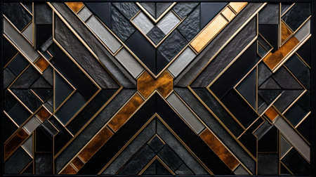 3D render of a black and gold mosaic wall with a geometric patternの素材