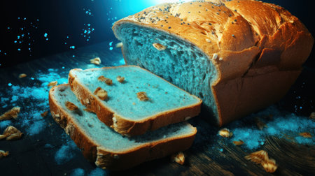 Sliced loaf of bread on a wooden table with blue lightの素材