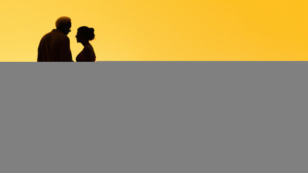 Silhouette of a senior couple looking at each other on a sunset backgroundの素材