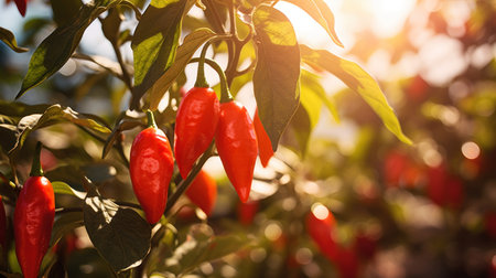 Red hot chili peppers growing on a tree in the garden at sunsetの素材
