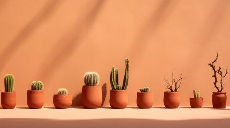 Cactuses in terracotta pots with shadows on orange wallの素材