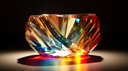 Close up view of a colorful diamond on a black background with reflectionの素材