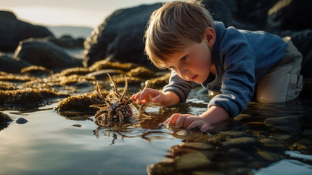 Little boy playing with sea starfish on the beach at sunset.の素材