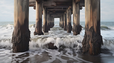 A long exposure of a pier during a stormy day, in Huntington Beach, California.の素材