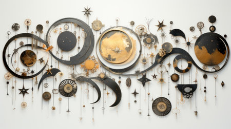 3d illustration of abstract black and white background with moon and starsの素材