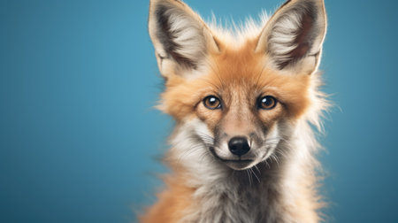 Close-up portrait of a red fox on a blue background.の素材