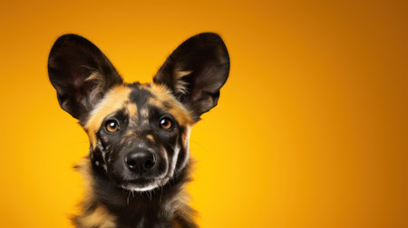 Studio shot of an adorable German Shepherd puppy on a yellow background.の素材