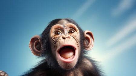 Chimpanzee with open mouth and wide open mouth on blue backgroundの素材