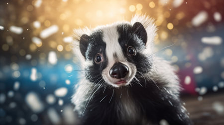 Cute little black and white badger puppy on christmas backgroundの素材