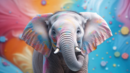 Elephant with multicolor paint splashes on colorful background.の素材