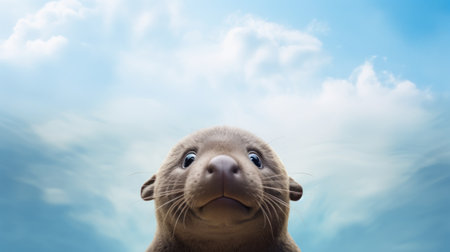 Otter on blue sky with clouds background, 3d renderingの素材