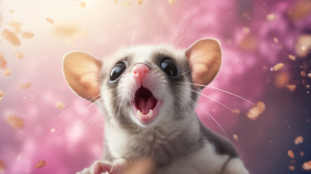 Cute little rat on a pink background with flying petals.の素材