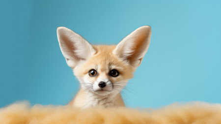 Fennec fox puppy in studio on blue background. Copy space.の素材
