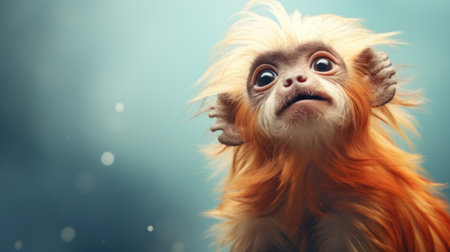 Emperor tamarin monkey portrait. Studio shot on blue background.の素材