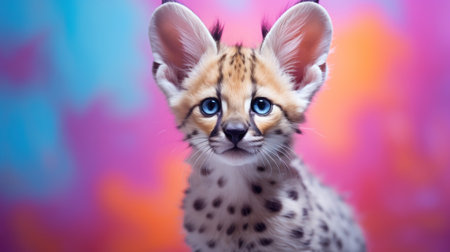Close-up of a serval cub on a colored background.の素材