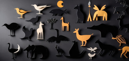 Paper cut of different animals and birds on black background. Halloween conceptの素材
