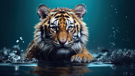 Tiger in water on a dark background. 3d illustration.の素材