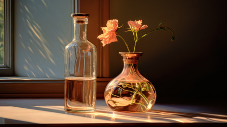 Flowers in a glass vase on the windowsill at sunsetの素材