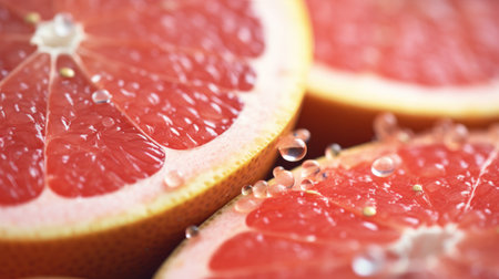 Closeup of grapefruit slices with water drops. Selective focus.の素材