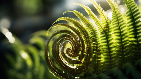 Green fern in sunlight. Nature background. Close-up.の素材