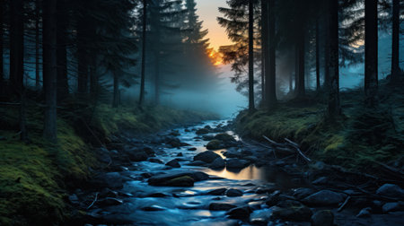 River in the forest at sunrise. Beautiful landscape with a river in the forest.の素材