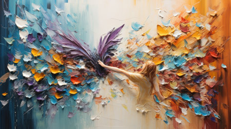 Beautiful young woman dancing in the studio. Colorful abstract painting.の素材