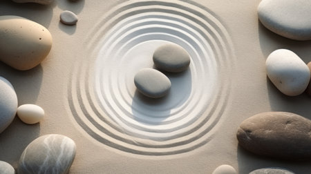 Zen garden with round pebbles and circle on sand background.の素材