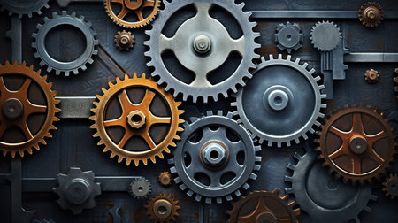 Metal gears and cogwheels on dark background. 3d illustrationの素材