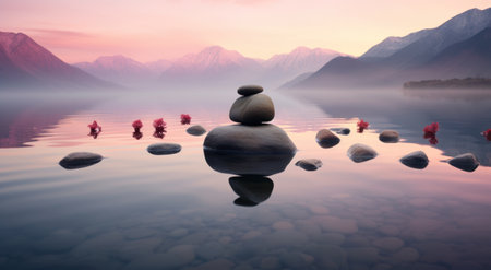 Zen stones on the lake with mountains in the background - 3d renderの素材