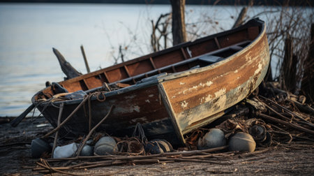 Abandoned boat on the shore of the lake in autumn.の素材