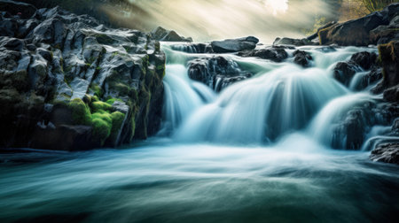 Long exposure of a waterfall flowing over rocks with green moss in the foregroundの素材