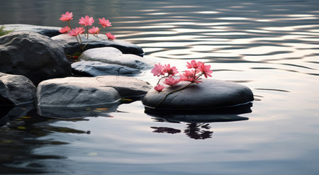 Pink flowers on black stones in the lake with reflection in the waterの素材