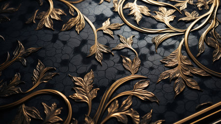 Close up detail of gold floral ornament on black background. 3D renderingの素材